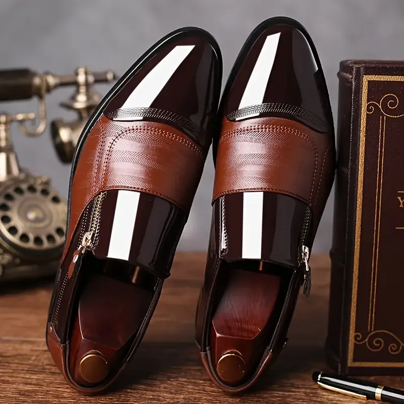 Men's Trendy Dress Shoes With Side Zipper Decor, Wear-resistant Slip On Shoes With PU Leather Uppers For Business Occasions, Men's Office Daily Footwear