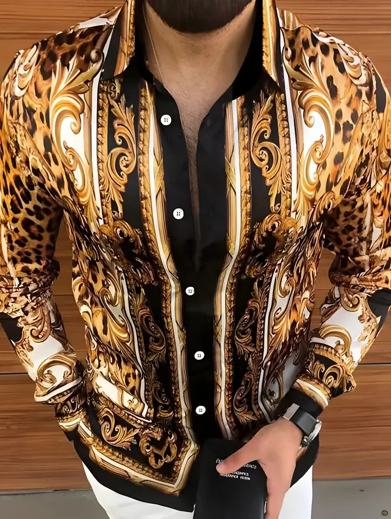Vintage Baroque Style Pattern Men's Long Sleeve Lapel Shirt, Spring Fall, Party Banquet