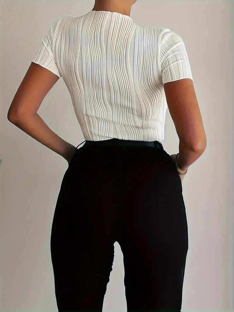 Solid Crew Neck Textured T-Shirt, Casual Short Sleeve T-Shirt For Spring & Summer, Women's Clothing
