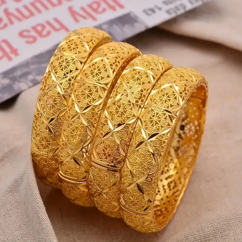 1pc 24K Gold Plated Ladies Open Bracelet Hand Jewelry Bride Luxury Ethnic Style Open Bangle Ladies Wedding Bracelet