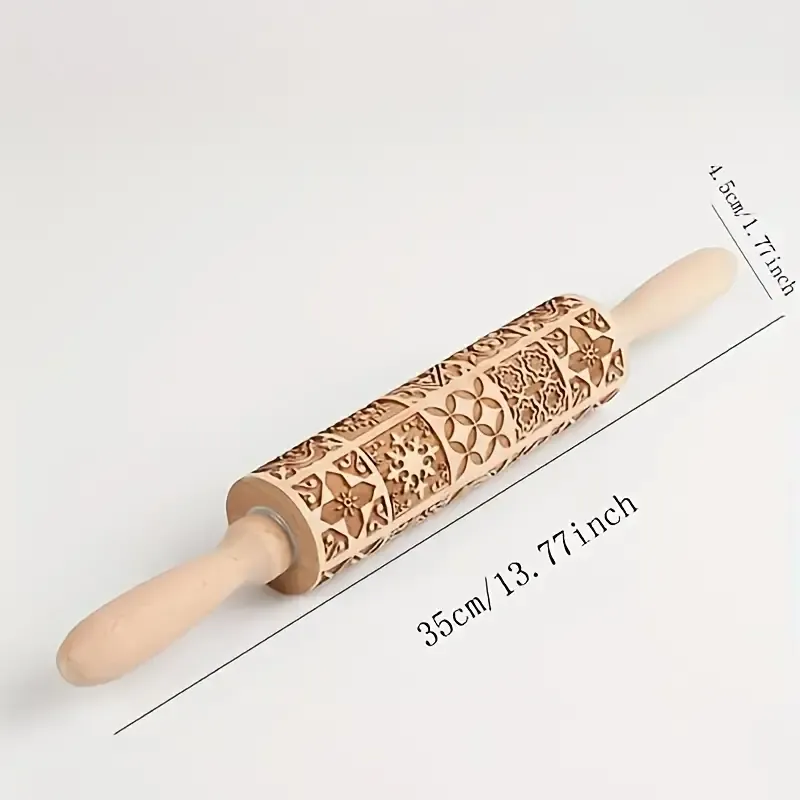 1pc Embossing Rolling Pin, Printing Rolling Pin, Wooden Christmas Printing Rolling Pin (34.98cm X 4.5cm), Flower Pattern Dough Roller, For Pizza, Pie, Dumplings, Noodles, And More, Kitchen Accessories, Household Kitchen Supplies for restaurants