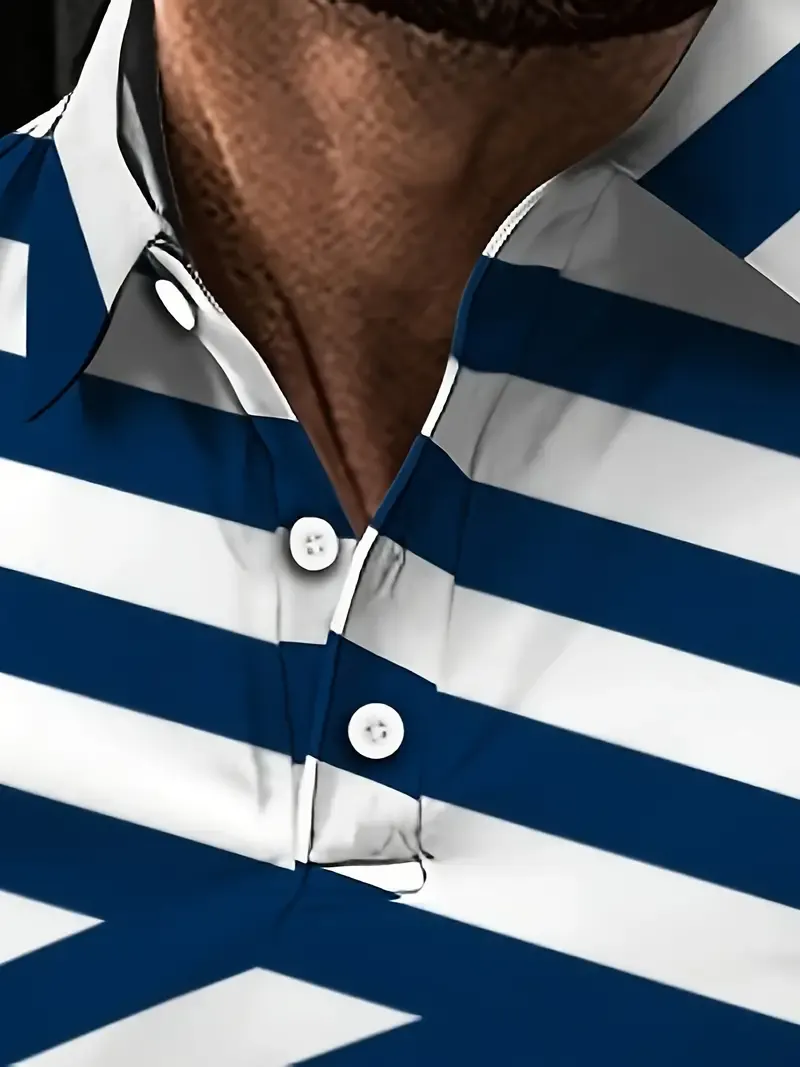 Men's Fashion Blue And White Striped Digital Print Golf Shirt, Short Sleeve Lapel Tennis Tees, Casual Comfortable Versatile Tops For Summer Outdoor Sports
