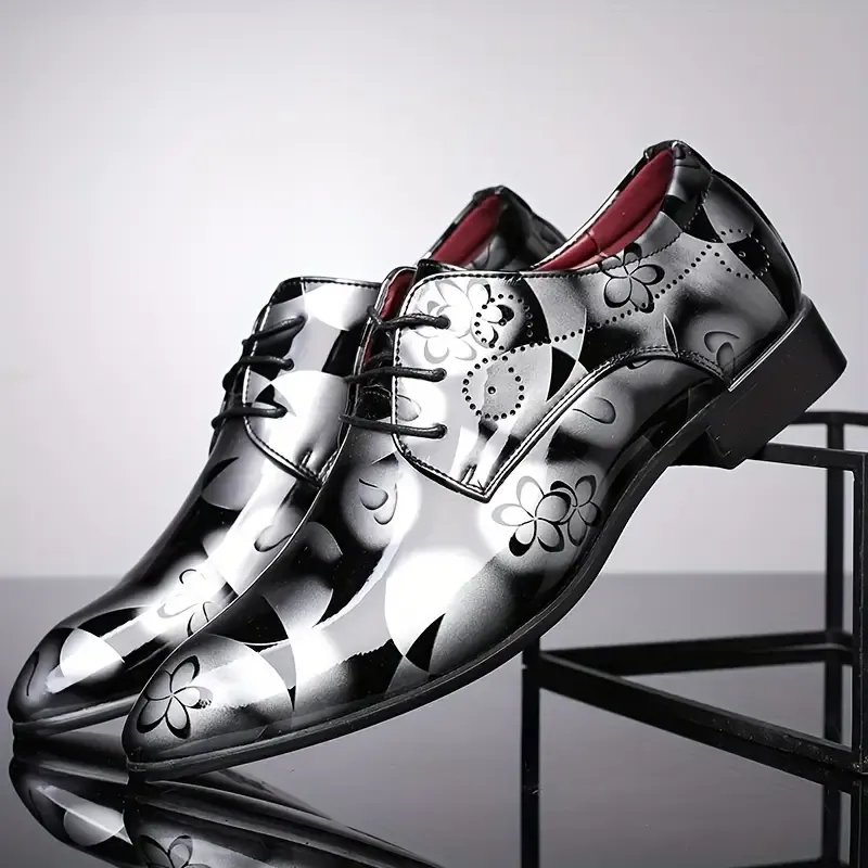 Men's Sleek Pointed-Toe Dress Shoes - Floral Pattern, Lace-Up, Formal & Casual Wear for Weddings and Special Occasions