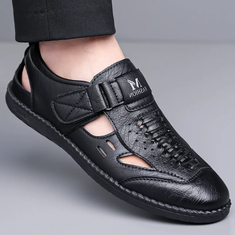 Men's leather slip-on shoes made of genuine cowhide, highly durable and with perforated design.