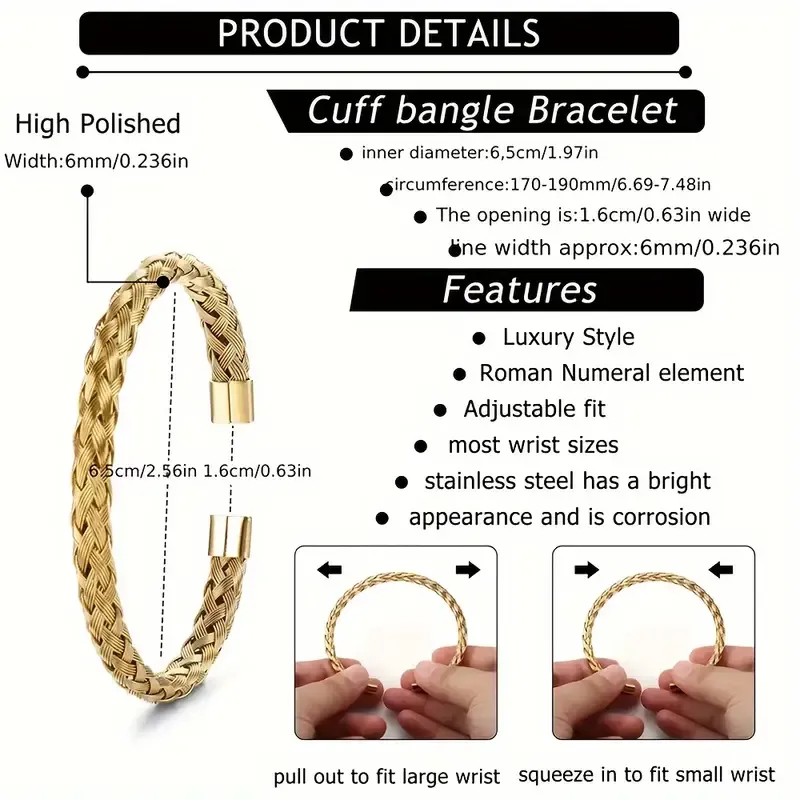3pcs Men's Fashion Hip Hop Stainless Steel Braided Crown Bangle Bracelet