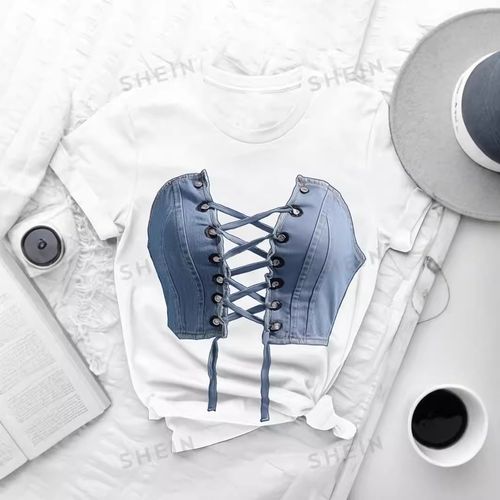 Denim Tube Top Print Crew Neck T-shirt, Short Sleeve Casual Top For Summer & Spring, Women's Clothing