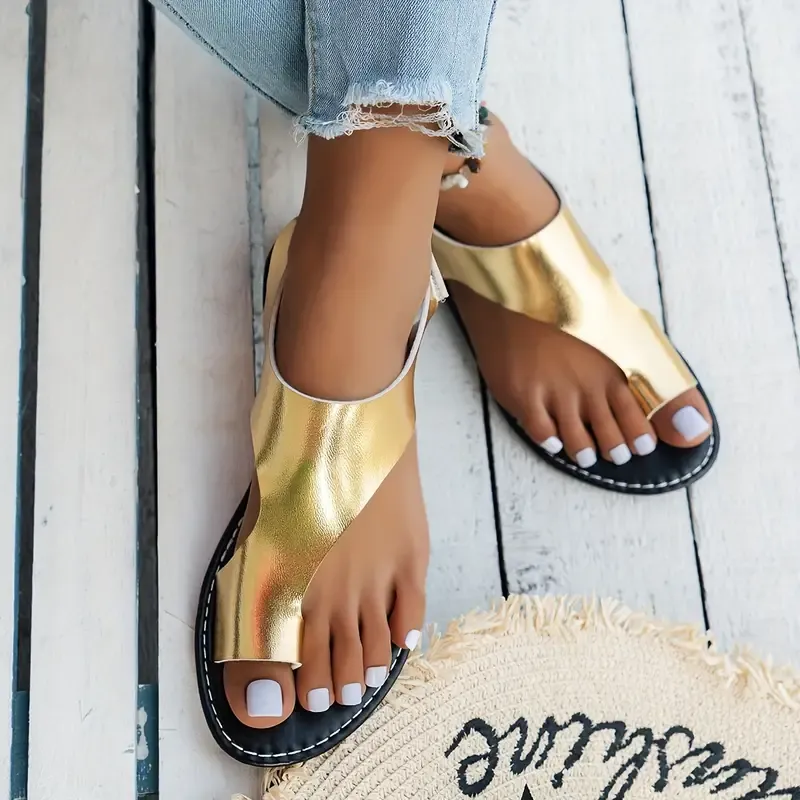 Women's Solid Color Casual Sandals, Ankle Strap Lightweight Slip On Walking Shoes, Toe Loop Vacation Shoes