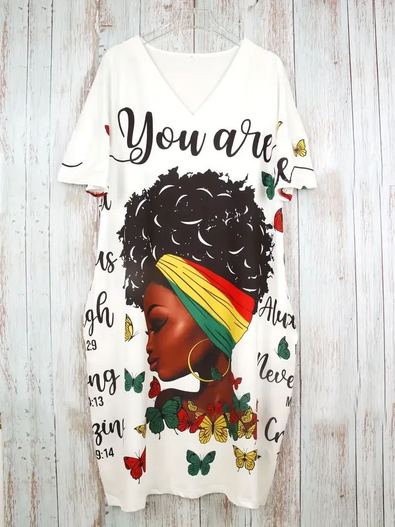 Graphic & Letter Print Dress, Casual V Neck Short Sleeve Dress, Women's Plus Size Clothing