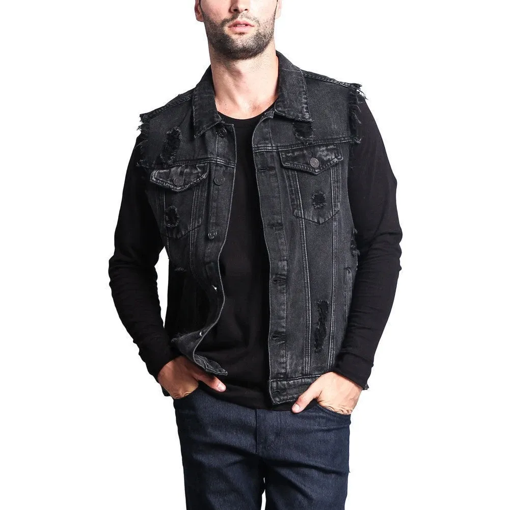 New Mens Denim Vest Ripped Jean Jacket