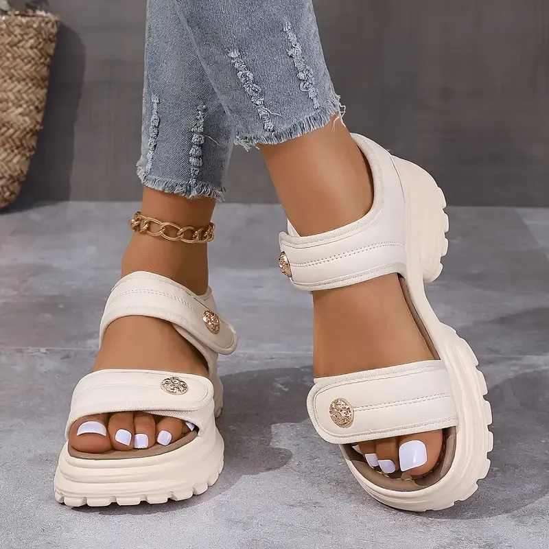 Thick Sole Women's Chunky Platform Sandals, Non-Slip Casual Summer Shoes With Wedge Heel, Solid Color Vacation