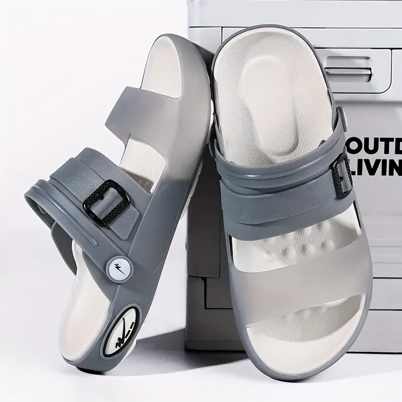 Men's Trendy Color Block Open Toe Breathable Sandals With Buckle Straps, Comfy Non Slip Casual Durable EVA Sole Beach Water Shoes