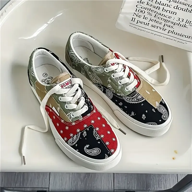Men's Canvas Sneakers 2024 New Autumn Breathable High-Top Shoes, Versatile Casual Streetwear, Random Pattern, Low Top, PVC Sole, Fabric Lining, Lace-Up Closure, for Men & Women