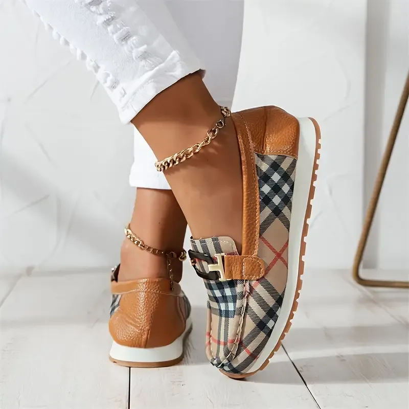 Women's Casual Slip-On Flats with Classic Metal Buckle, Striped Print, Fabric Upper & Lining, Lightweight Rubber Sole, Comfortable Non-Slip Summer Loafers