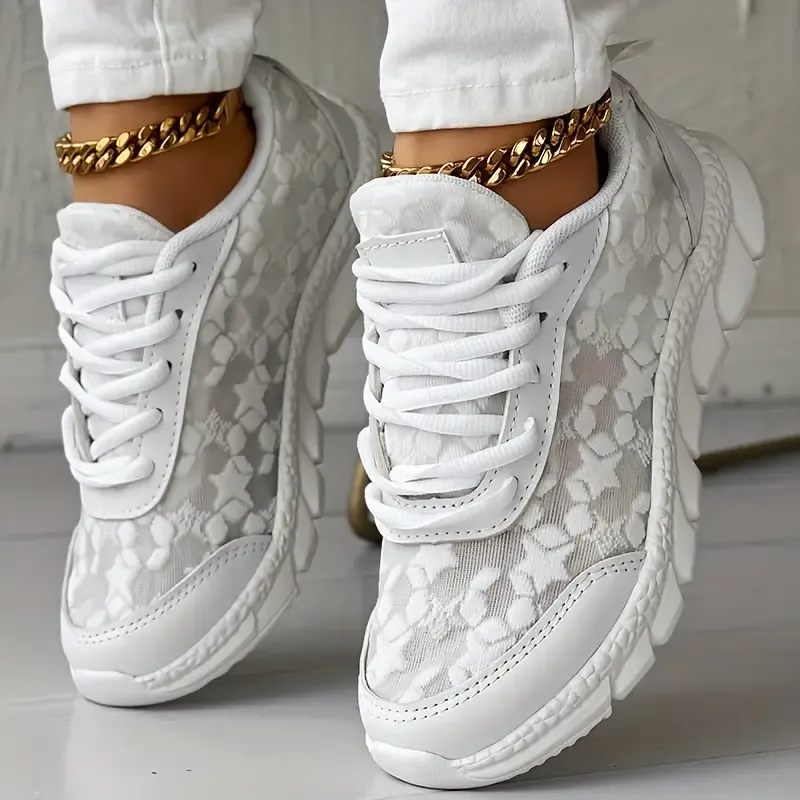 Women's Lace Solid Color Sneakers, Platform Lace Up Soft Sole Mesh Walking Shoes, Low-top Breathable Low-top Daily Footwear