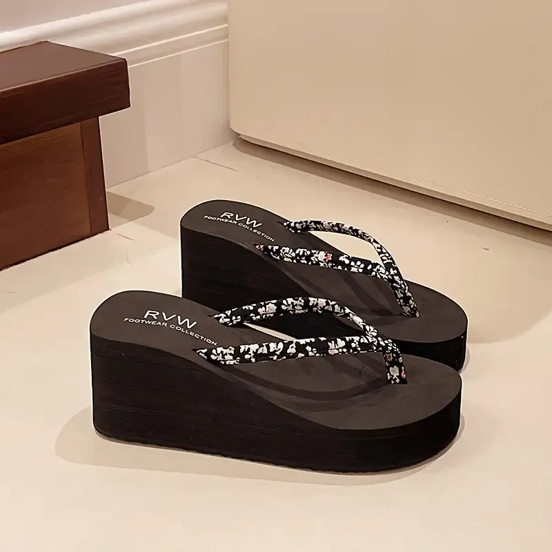 Women's Floral Pattern Flip Flops, Platform Slip On Wedge Vacation Slides, Casual Beach Sandals