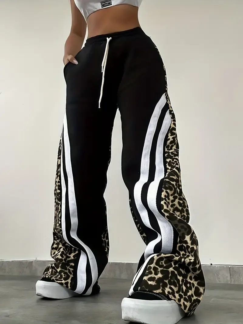 Women's Fleece-Lined Leopard Print Color Block Casual Pants - High Waist, Drawstring Wide Leg with Pockets