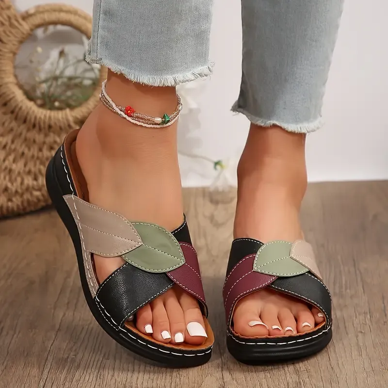 Summer Chic Womens Low Heel Colorblock Slide Sandals