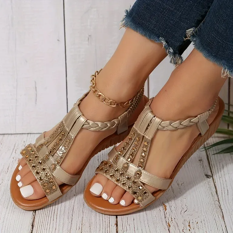 New flat rhinestone fish mouth sandals for women