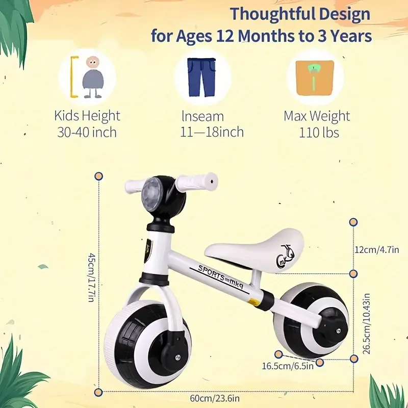 Vintage-Style Balance Bike for Toddlers with Musical & Lighting Features, Plastic Wheels, No-Pedal Spherical Football Silent Wheels, Soft Seat – Ideal First Bike for 1-3 Year Old Boys & Girls, Roller Coaster Brake, No Components Accessory – Perfect Birthday Gift