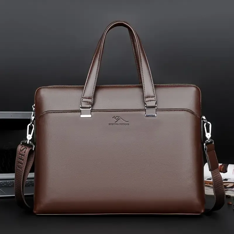 Men's Sleek Black Briefcase - Adjustable Padded Shoulder Strap, Premium Faux Leather, Spacious Interior for Work, Business, Travel & School