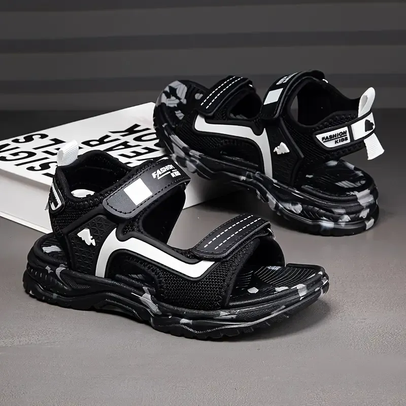 Trendy Cool Camouflage Sole Open Toe Sport Sandals For Boys, Breathable Lightweight Sandals For Outdoor Beach Walking Camping Hiking