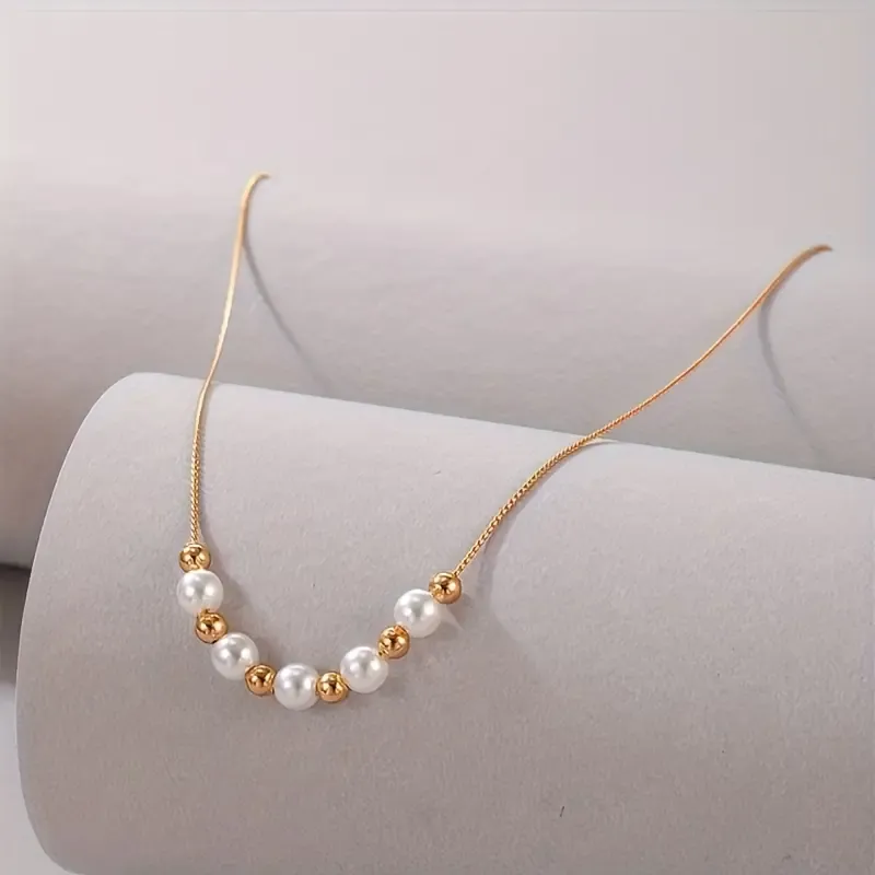 1pc White Faux Pearls Beads Thin Chain Necklace Simple Versatile Minimalist Neck Chain Jewelry