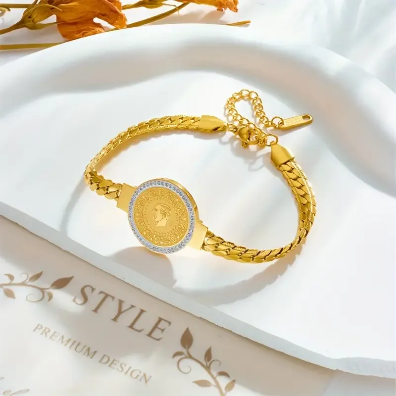 1pc Fashion Stainless Steel Coin Bracelet, Creative golden Plated Head Coin Design Bracelet, Banquet Party Elegant Jewelry For Men Women