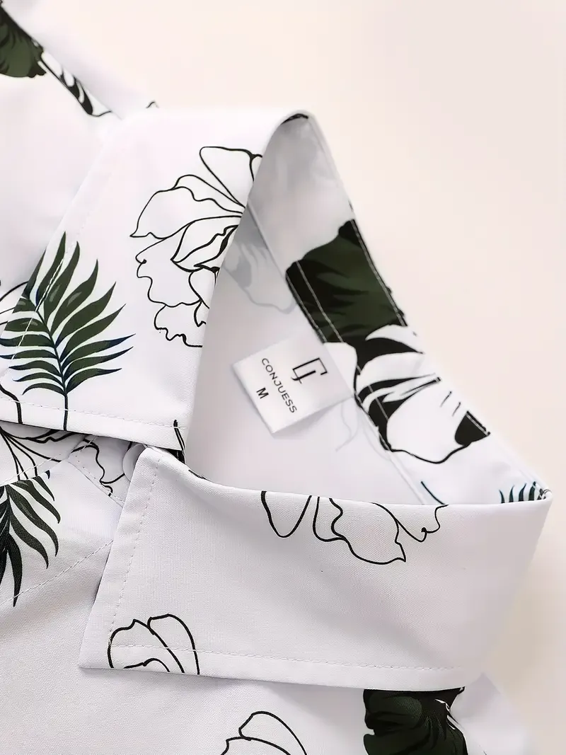 Men's Trendy Casual Comfy Tees & Shorts, Leaves Print Lapel Short Sleeve T-shirt & Loose Shorts With Drawstring Pockets Home Pajamas Sets, Casual Sets For Summer