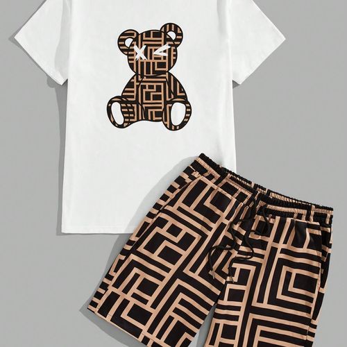 Men's Bear & Squares Pattern Graphic Print T-Shirt & Shorts co ord set For Summer, 2Pcs Outfits