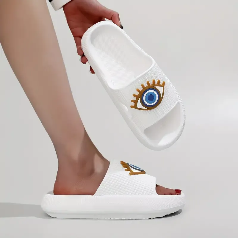 Women's Demon Eye Design Slides, Casual Open Toe Soft Sole Shoes, Comfortable Indoor Home Bathroom Slides