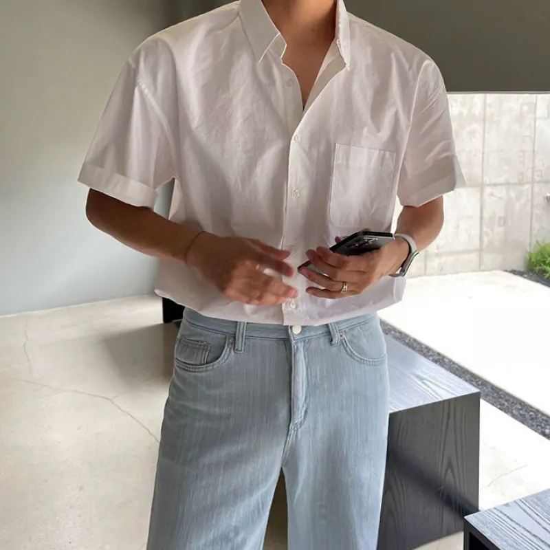 Loose-fit trendy high-end short-sleeved casual shirt, versatile plain-colored blouse