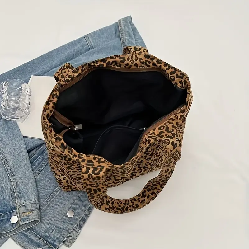 Chic Leopard Print Canvas Tote Bag for Women - Spacious Shoulder Handbag with Zip Closure, Nylon Lined