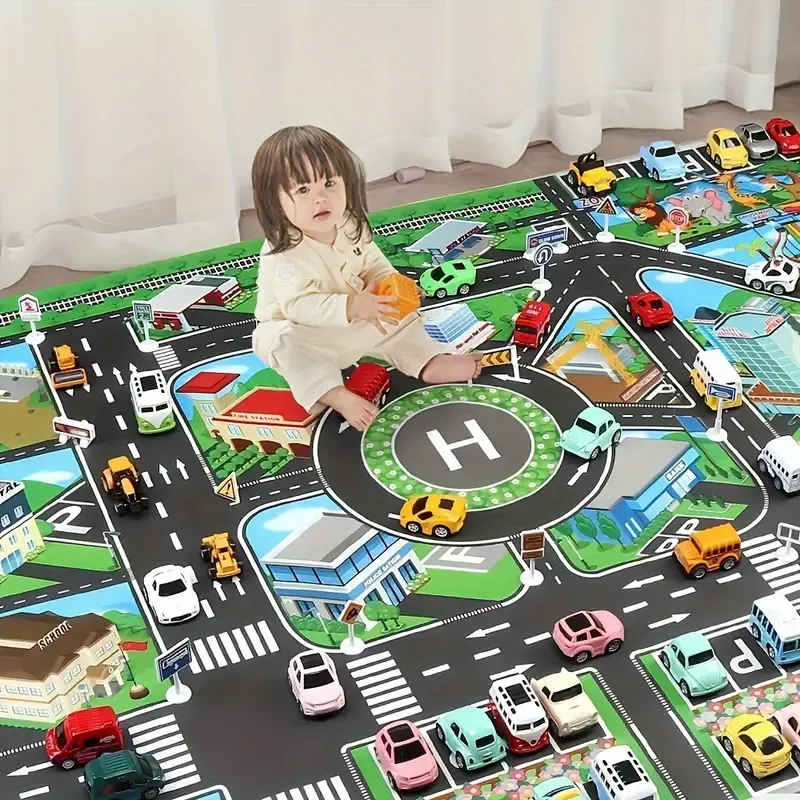 Large City Traffic Play Mat for Youngsters - Waterproof & Moisture-Proof, Interactive Road Map Game Pad with Toy Cars, Perfect Room Decor & Educational Gift for Halloween and Christmas