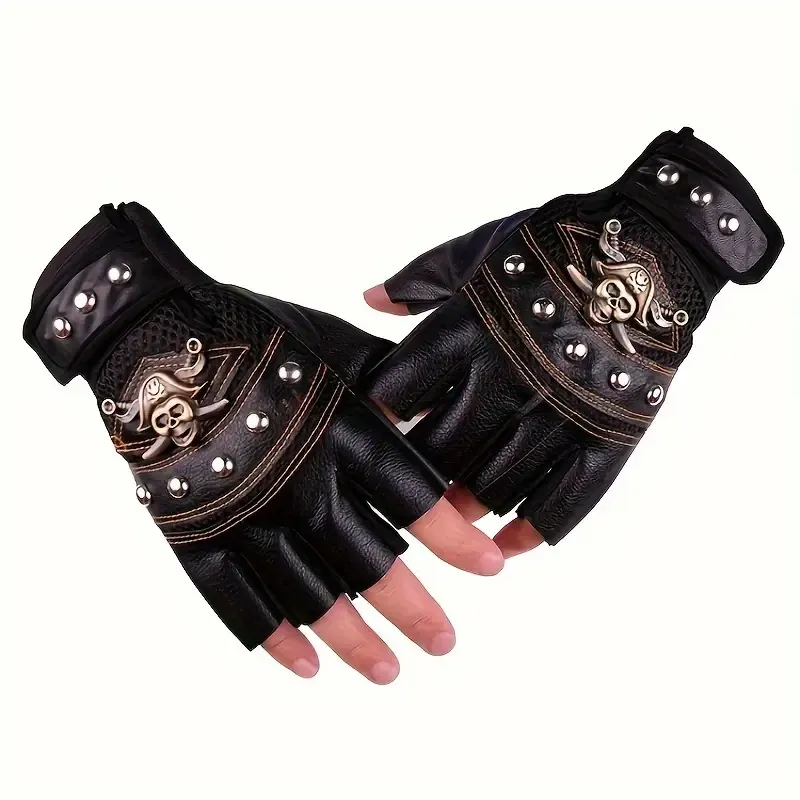 Half Finger Outdoor Sports Cycling Gloves, Pirate Leather Punk Style with Buckle Closure, Non-Woven Fabric, Hand Washable - Pair