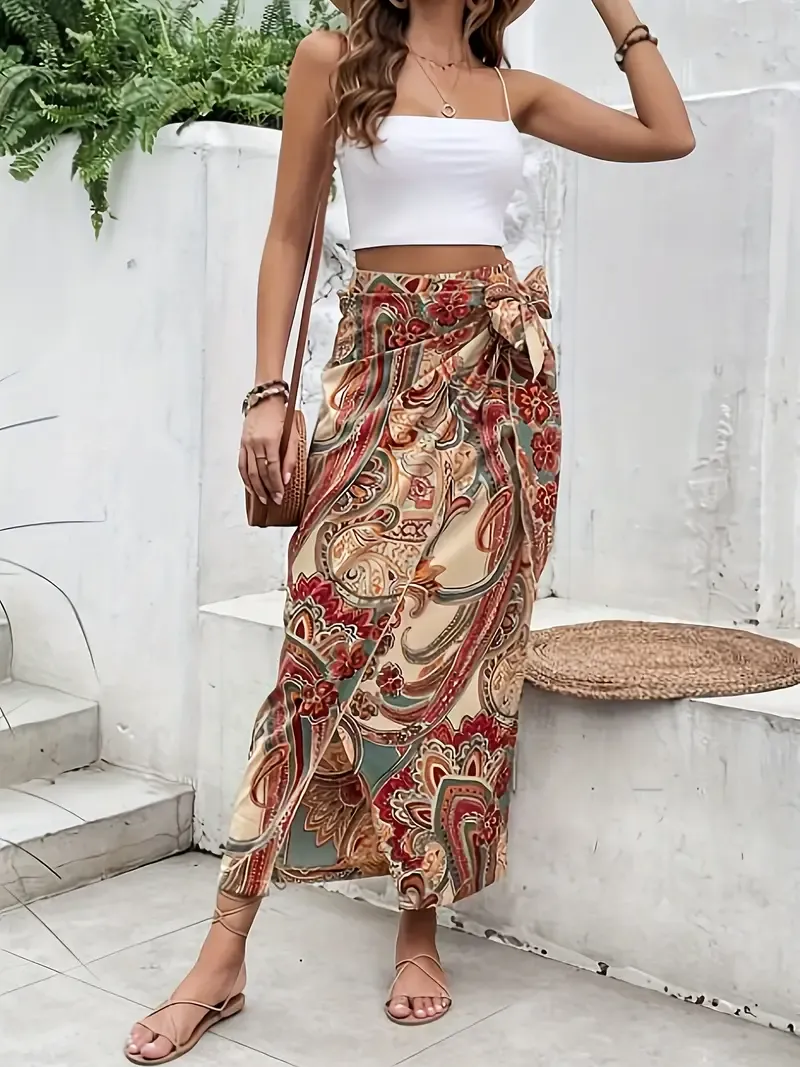 Paisley Print Wrap Tie Skirt, Vintage Slim High Waist Skirt For Spring & Summer, Women's Clothing