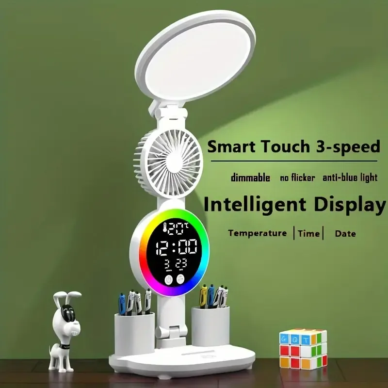 Dimmable LED Desk Lamp with Adjustable Arm, Touch Control, 3-Speed Fan, Indoor Eye Protection Light with Temperature, Time, Date Display, Without Battery - Multifunctional Study Lamp with Fan for Bedroom, Dormitory