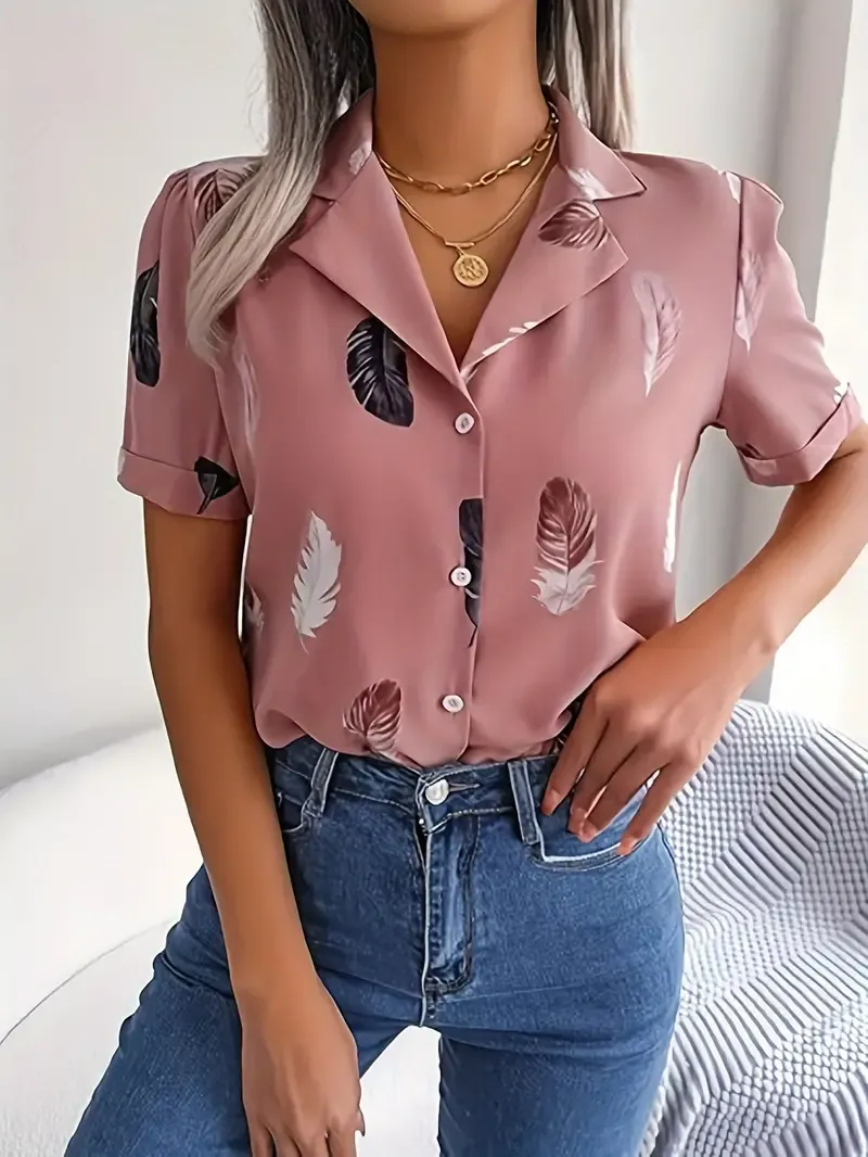 Feather Print Button Front Blouse, Casual Notched Collar Short Sleeve Top For Spring & Summer, Women's Clothing