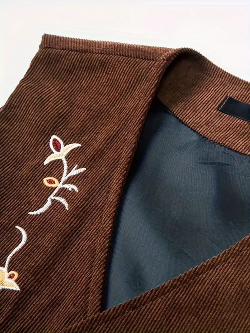 Men's Retro Embroidered Corduroy Vest, Button-Down V-Neck Waistcoat