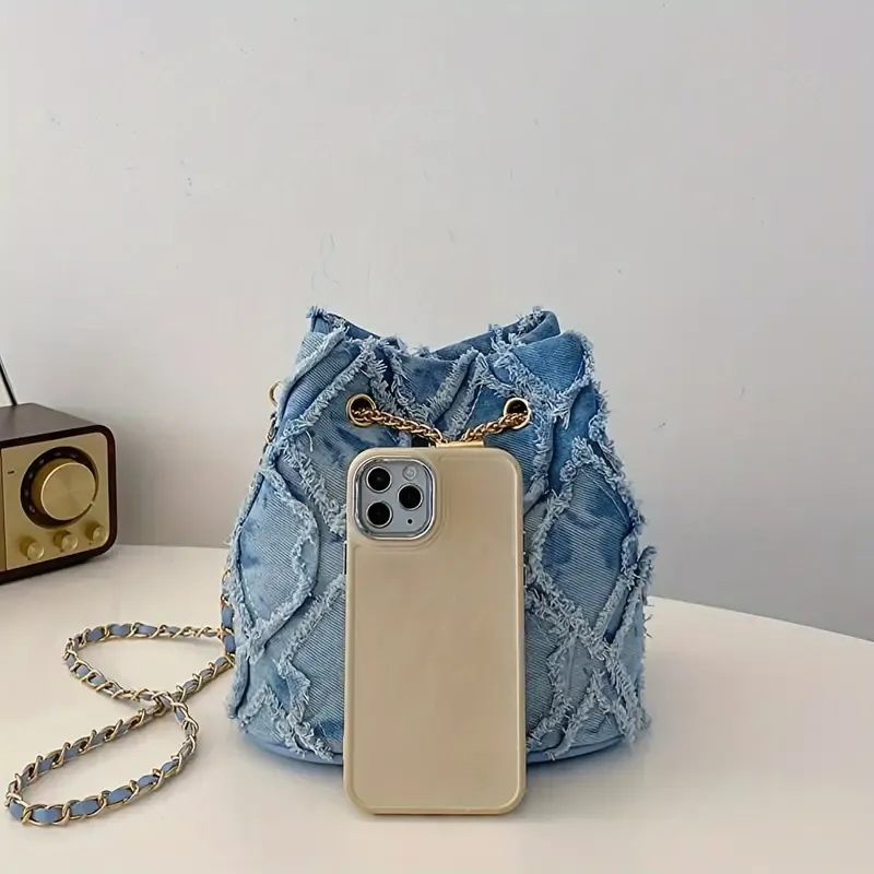 🔥🔥Hot Sale Promotion -Chic Denim-Style Bucket Bag with Faux Pearl Accent & Metal Chain Strap - Spacious Crossbody for Women, Perfect for Shopping & Dates