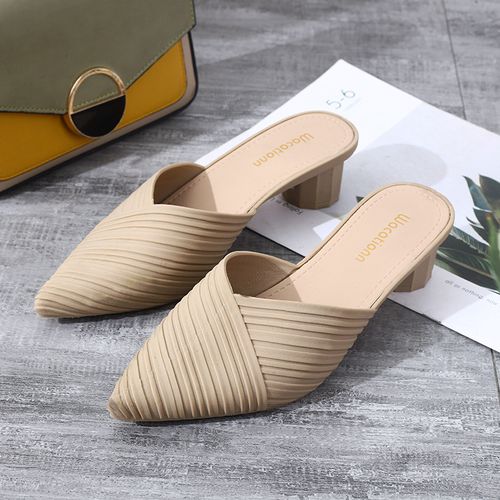 Women's Slide Sandals - Stylish Pointed Toe, Mid-Heel with Chunky Heel, Fashionable & Versatile for Outdoor Wear, Available in Multiple Sizes, Colors: Rich Brown and Ebony, Striped Design