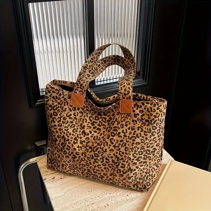 Chic Leopard Print Canvas Tote Bag for Women - Spacious Shoulder Handbag with Zip Closure, Nylon Lined