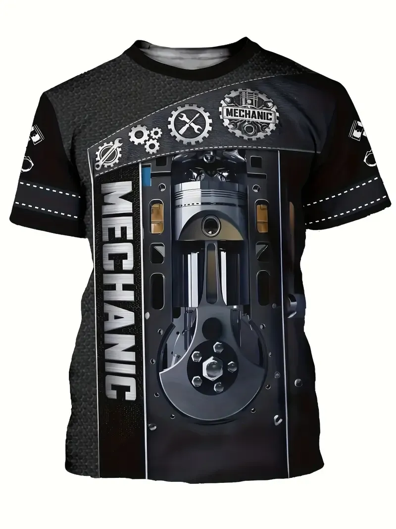 Mechanic Themed 3D Graphic Print Men's Novelty Short Sleeve Crew Neck T-shirt, Summer Outdoor