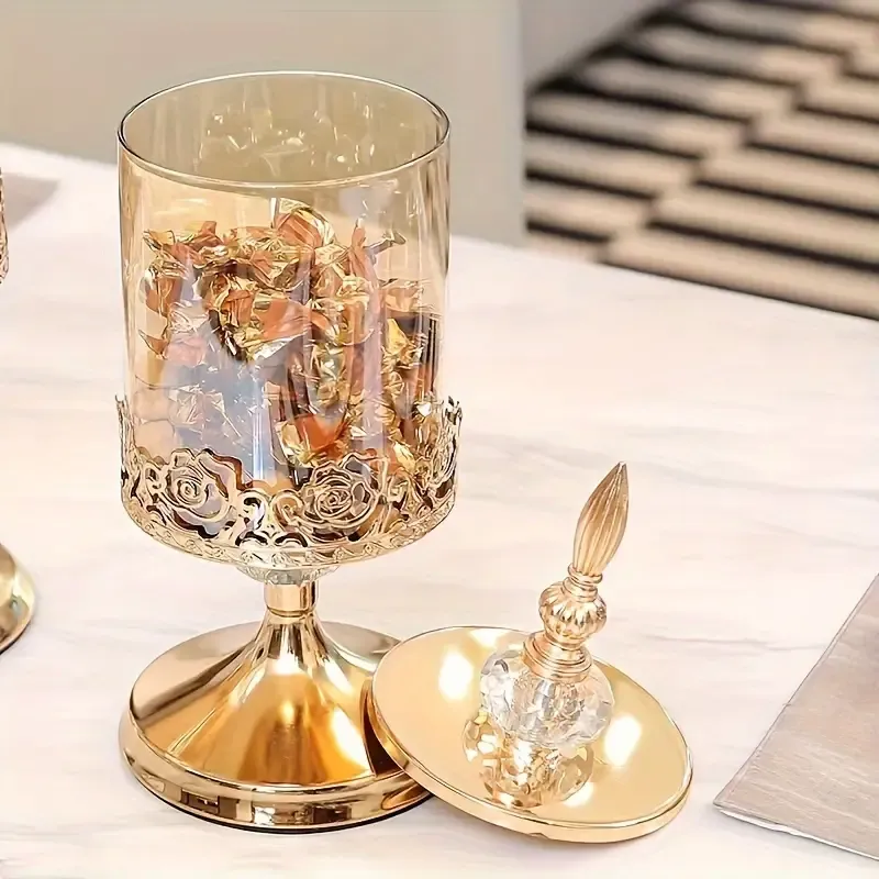Elegant Vintage European Candy Jar with Lid - Transparent Metal Storage Container for Living Room Coffee Table Decor