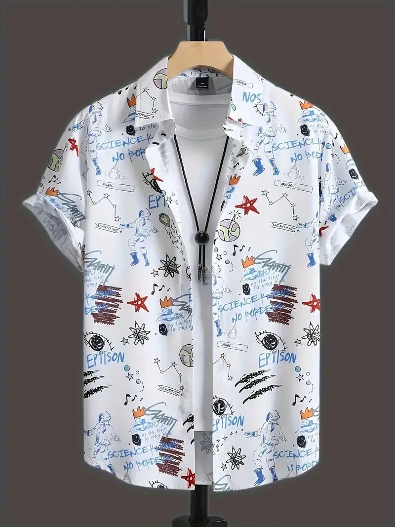 Men's Cartoon Graphic Allover Print Short Sleeve Lapel Shirt Top, Male Casual Button Up Shirt For Daily And Vacation Resorts Beach