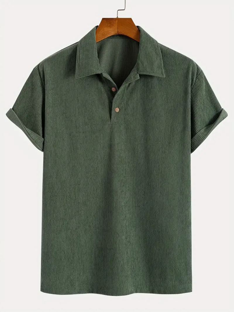 Men's Solid Stripe Pattern Knit Short Sleeve And Lapel Collar Henley Shirt, Casual And Chic For Summer Golf And Outdoors Wear