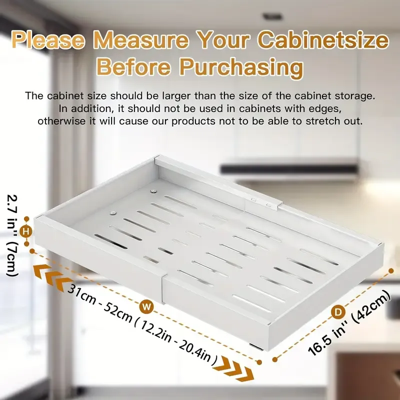 1 Pack Expandable Pull Out Cabinet Organizer, Heavy Duty Slide Out Drawers Adhesive With Nano Film, Adjustable Width 31cm-52cm, Pull Out Shelves For Kitchen Pantry Organization, White