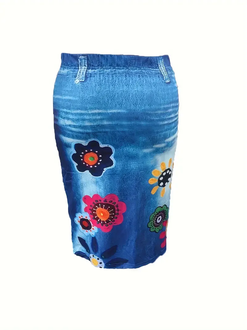 Plus Size Faux Denim Floral Print Skirt, Casual High Waist Midi Skirt For Spring & Summer, Women's Plus Size Clothing