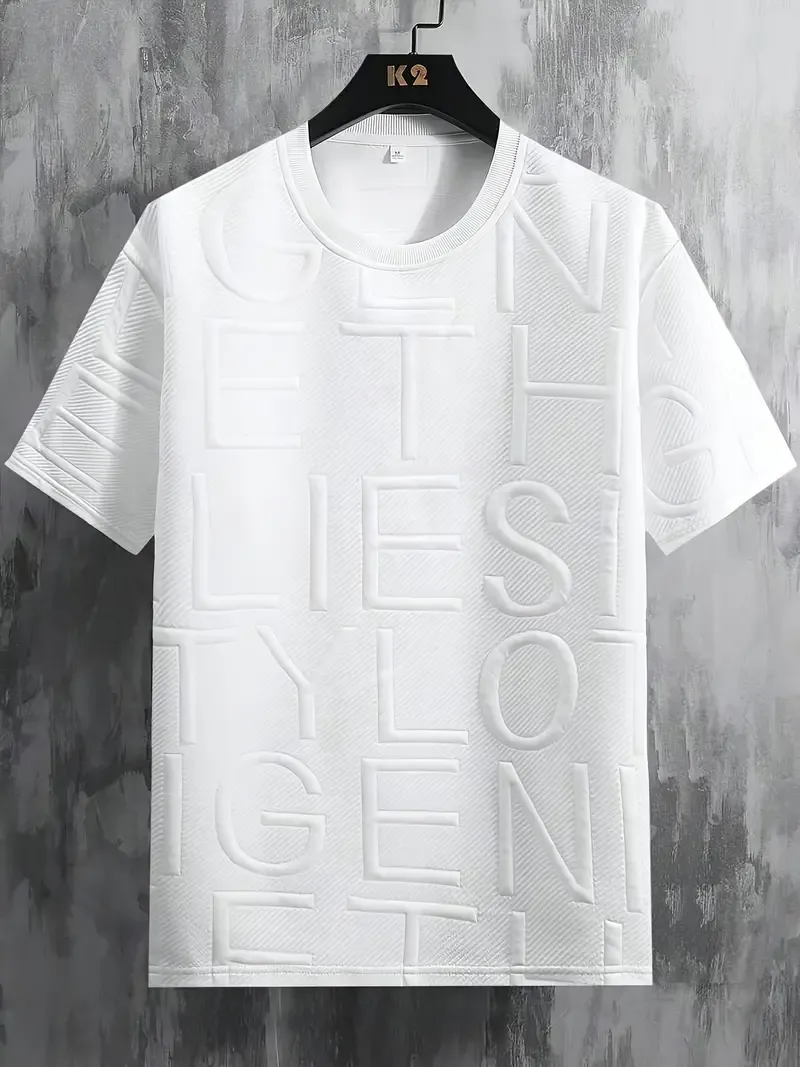 Short Sleeve Solid Color Men's Crew Neck T-shirt, Letter Pattern Textured And Knit, Comfy Tees For Summer Daily Wear, Trendy And Chic Tops
