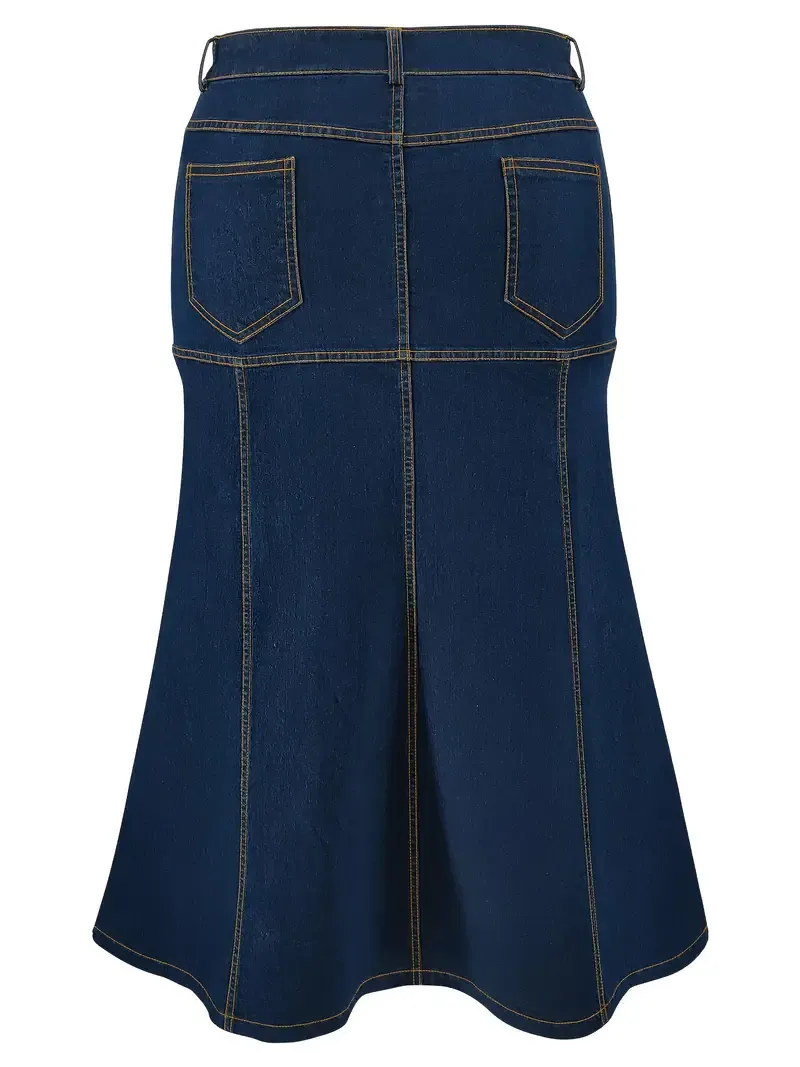Stylish Plus Size Dark Washed Trumpet Denim Skirt - High Waist