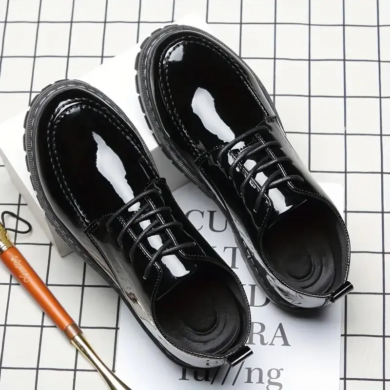 Men's Faux Patent Leather Business Style Formal Shoes, Comfy Nonslip Trendy Lace Up Dress Shoes, Men's Footwear